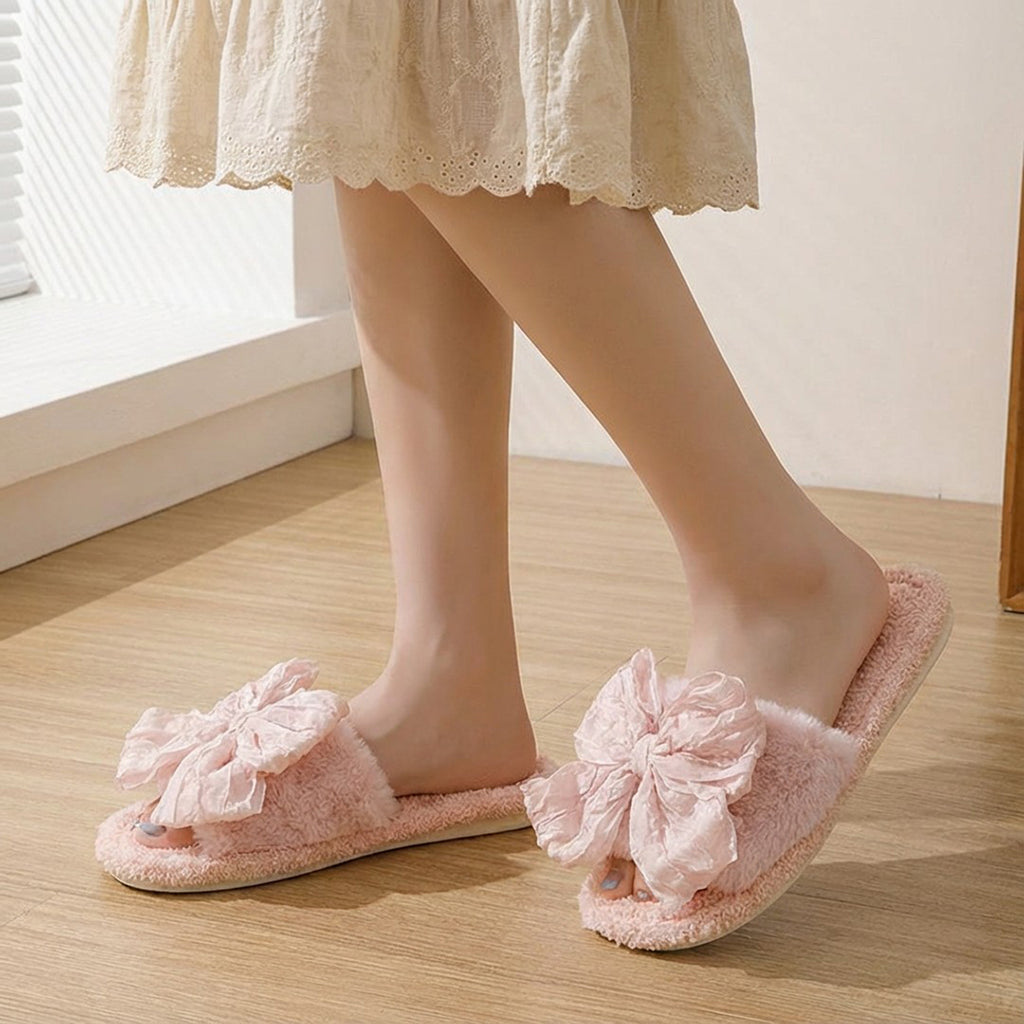 Anna-Kaci Lounge Women's Plush Slide House Slippers with Valentine Ruffled Bow Detail and Cushioned Footbed