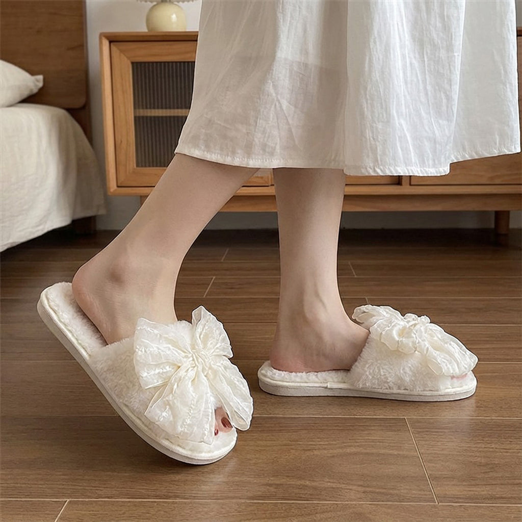 Anna-Kaci Lounge Women's Plush Slide House Slippers with Valentine Ruffled Bow Detail and Cushioned Footbed