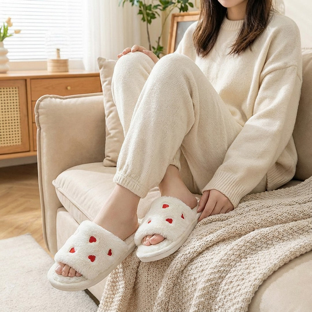 Anna-Kaci Lounge Women's Plush Slide House Slippers with Valentine Heart Pattern Upper and Cushioned Footbed