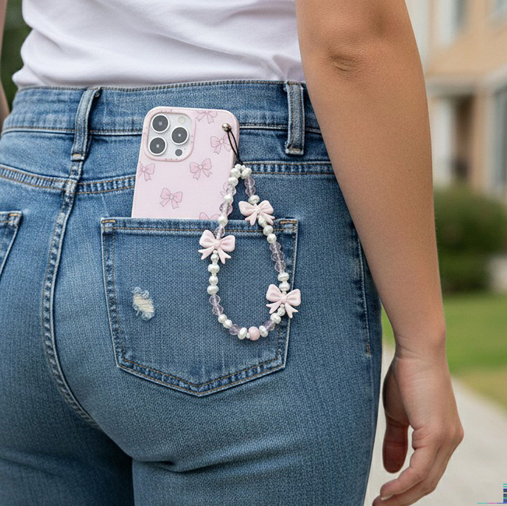 Anna-Kaci 3-PC Beaded Bow Phone Charm Strap with Pearl-Style Beads and Decorative Accents