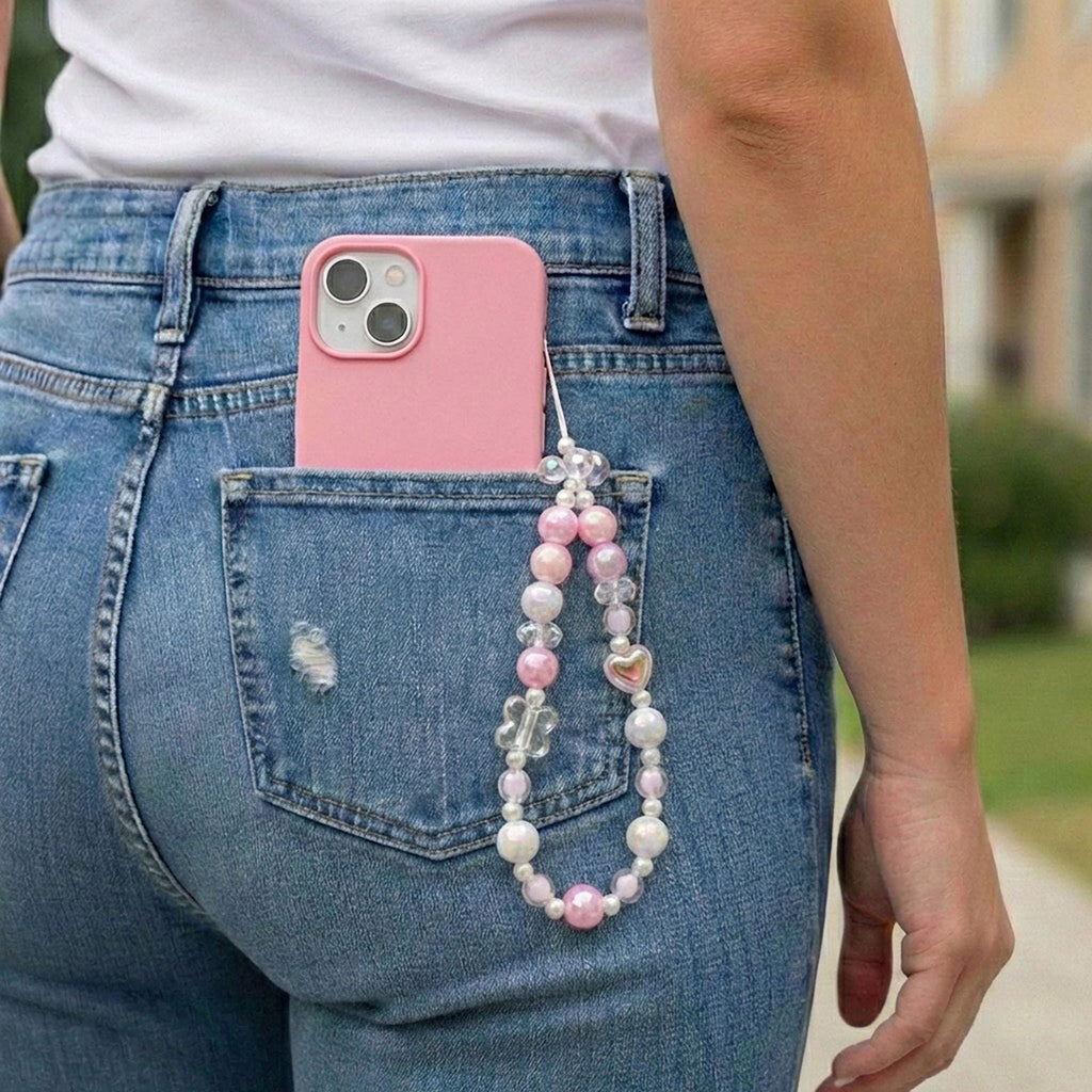 Anna-Kaci 3-PC Iridescent Beaded Phone Charm Strap with Heart Accent