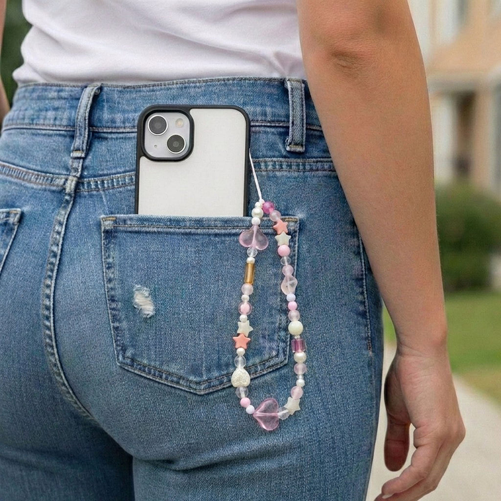 Anna-Kaci 3-PC Iridescent Beaded Phone Charm Strap with Heart Accent