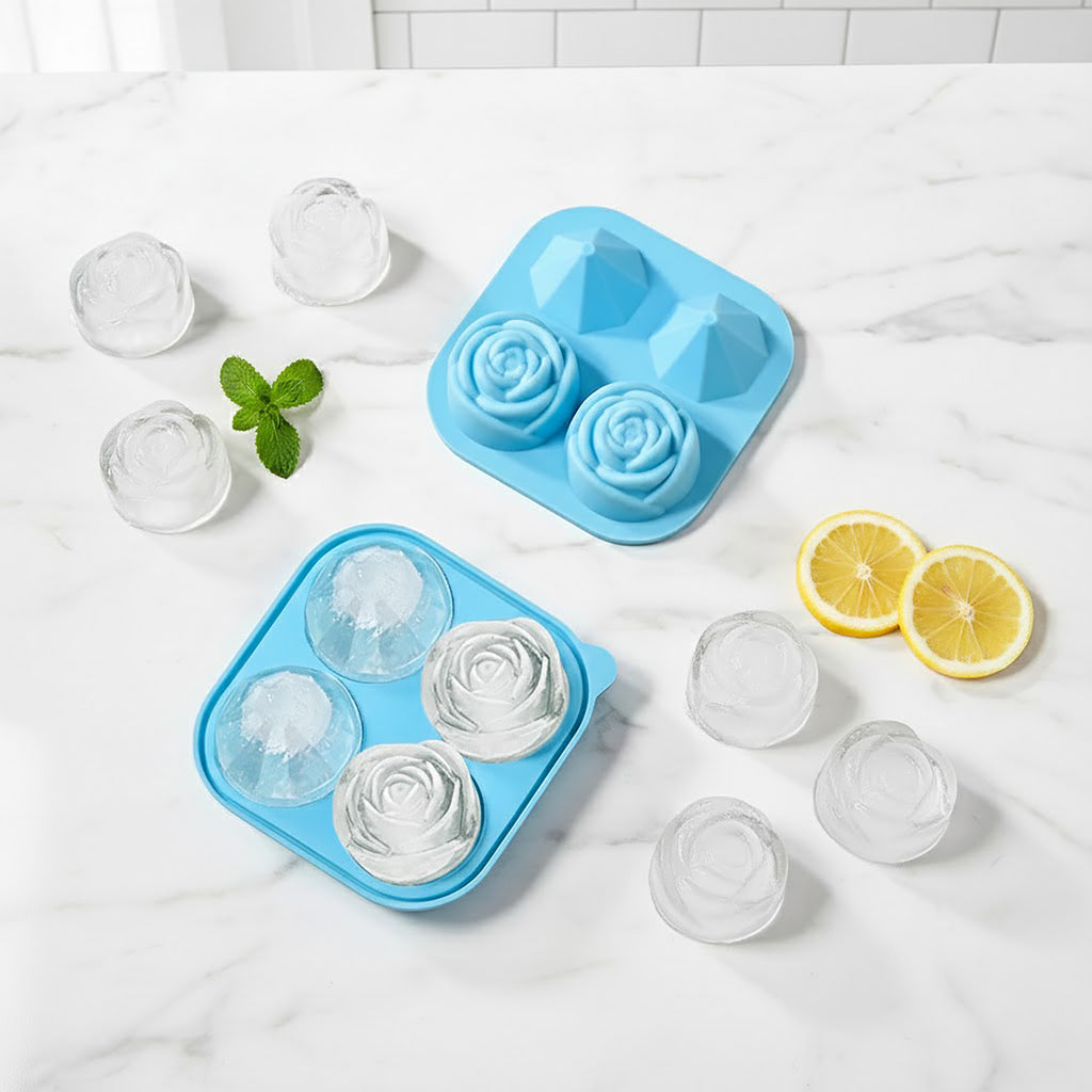 Anna-Kaci 2-PC Large Ice Cube Tray Set with Rose and Diamond Shape Molds Flexible Silicone Easy Release Design