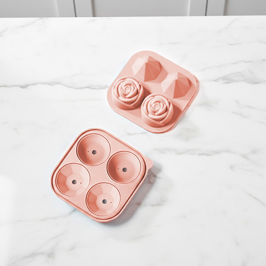 Anna-Kaci 2-PC Large Ice Cube Tray Set with Rose and Diamond Shape Molds Flexible Silicone Easy Release Design
