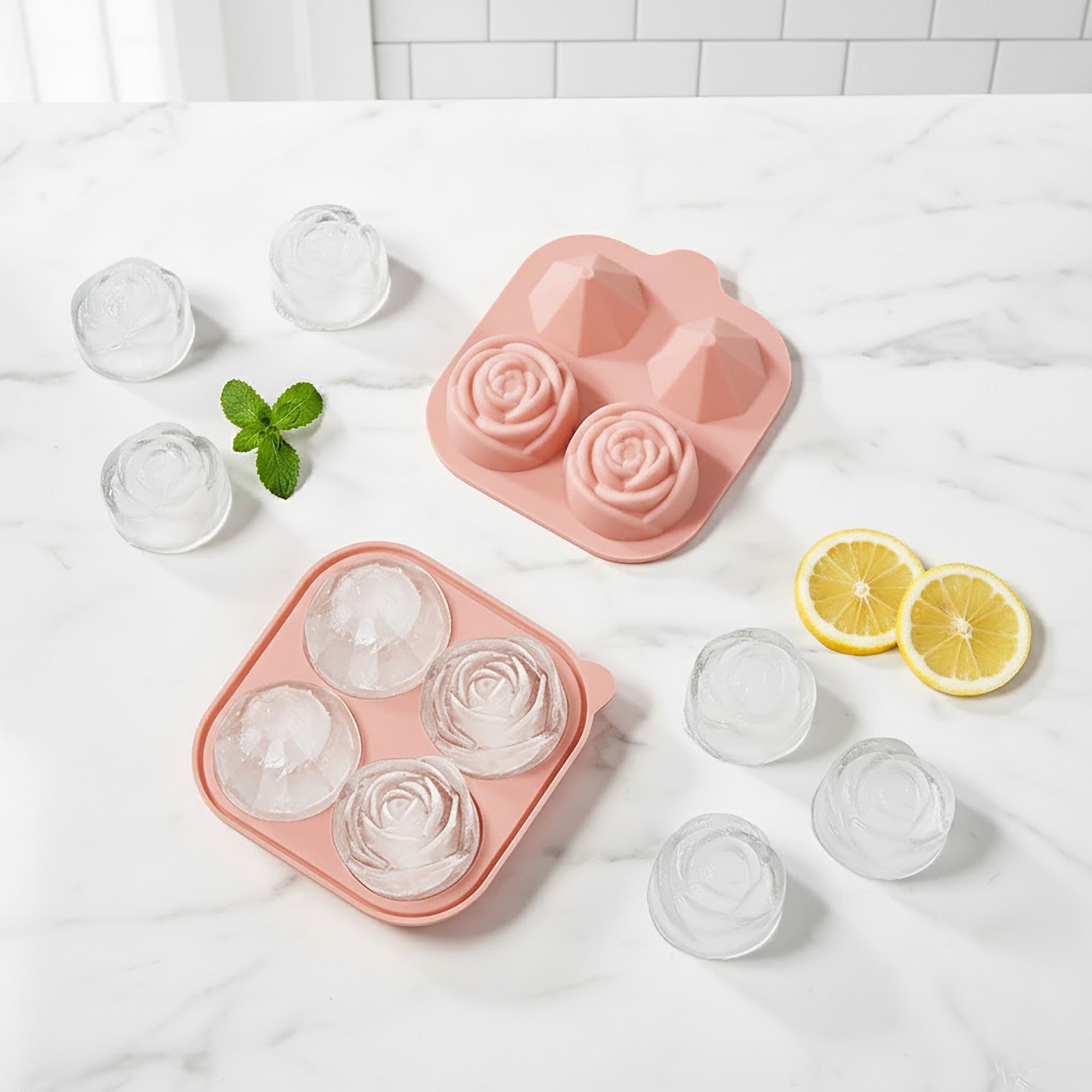 Anna-Kaci 2-PC Large Ice Cube Tray Set with Rose and Diamond Shape Molds Flexible Silicone Easy Release Design