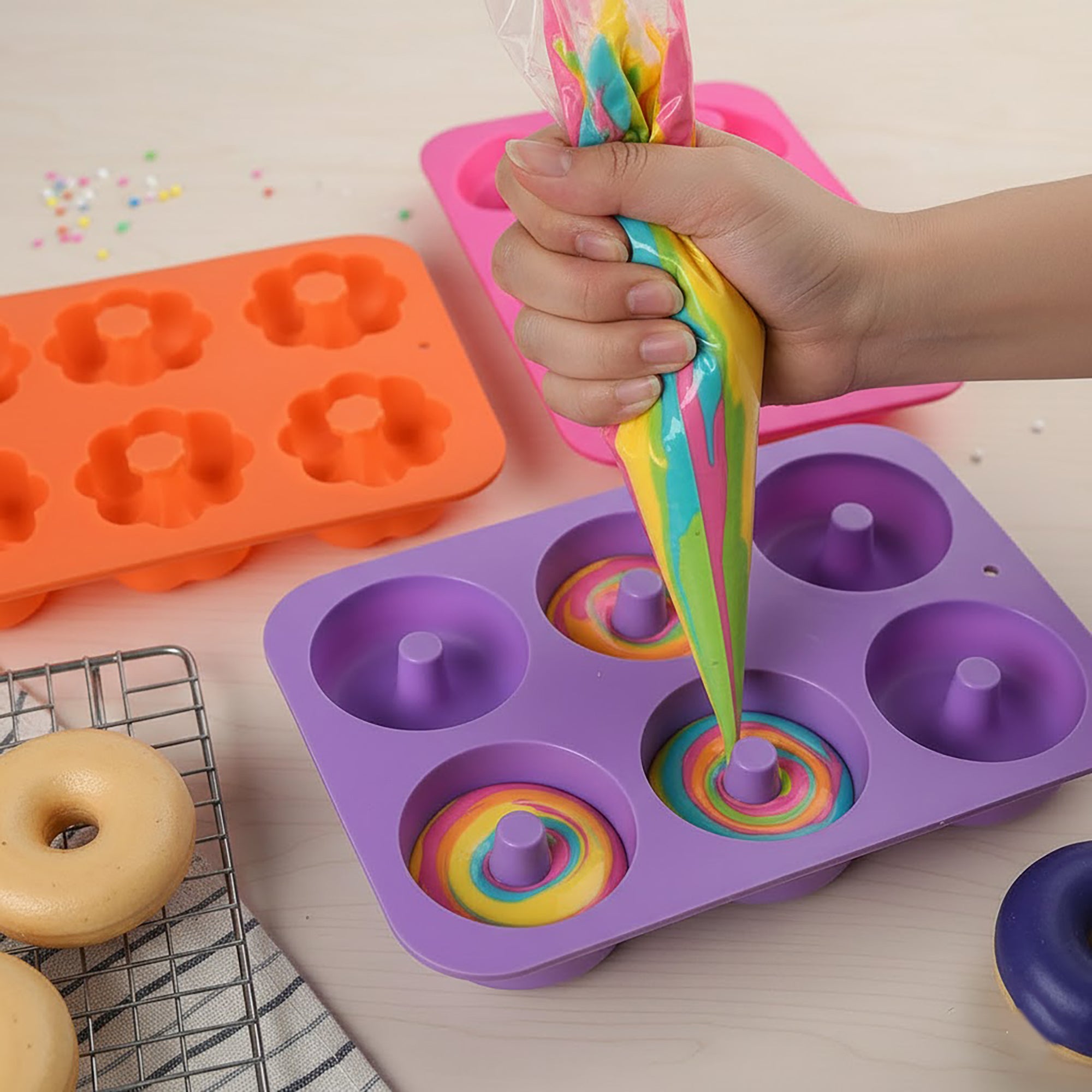 Anna-Kaci 3-Piece Silicone Donut and Heart Baking Mold Set Nonstick Dessert Cake Chocolate Soap Mold