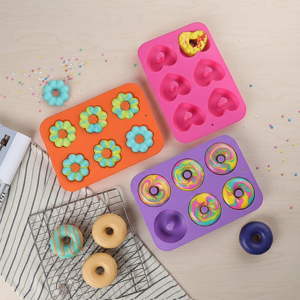 Anna-Kaci 3-Piece Silicone Donut and Heart Baking Mold Set Nonstick Dessert Cake Chocolate Soap Mold