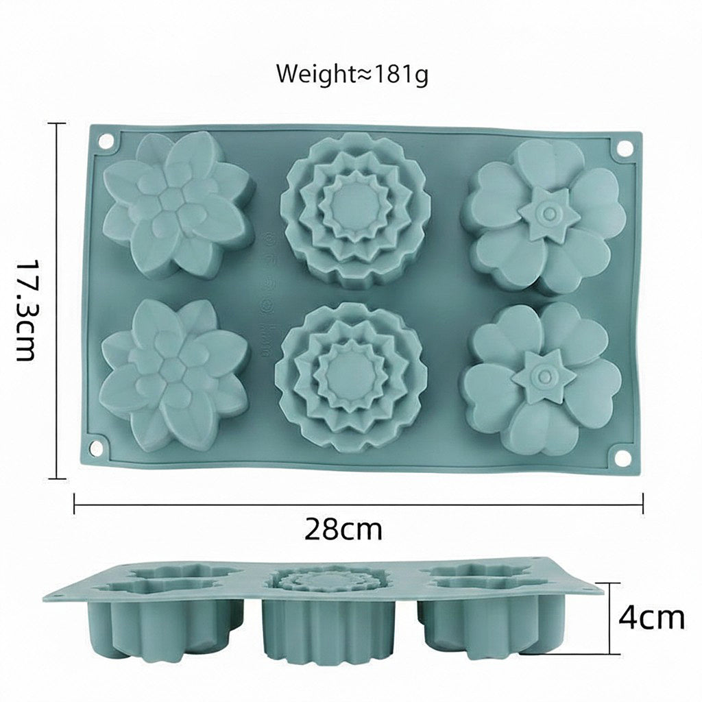 Anna-Kaci 3-Piece Silicone Flower Mold with 6 Floral Cavities Flexible Baking Tray