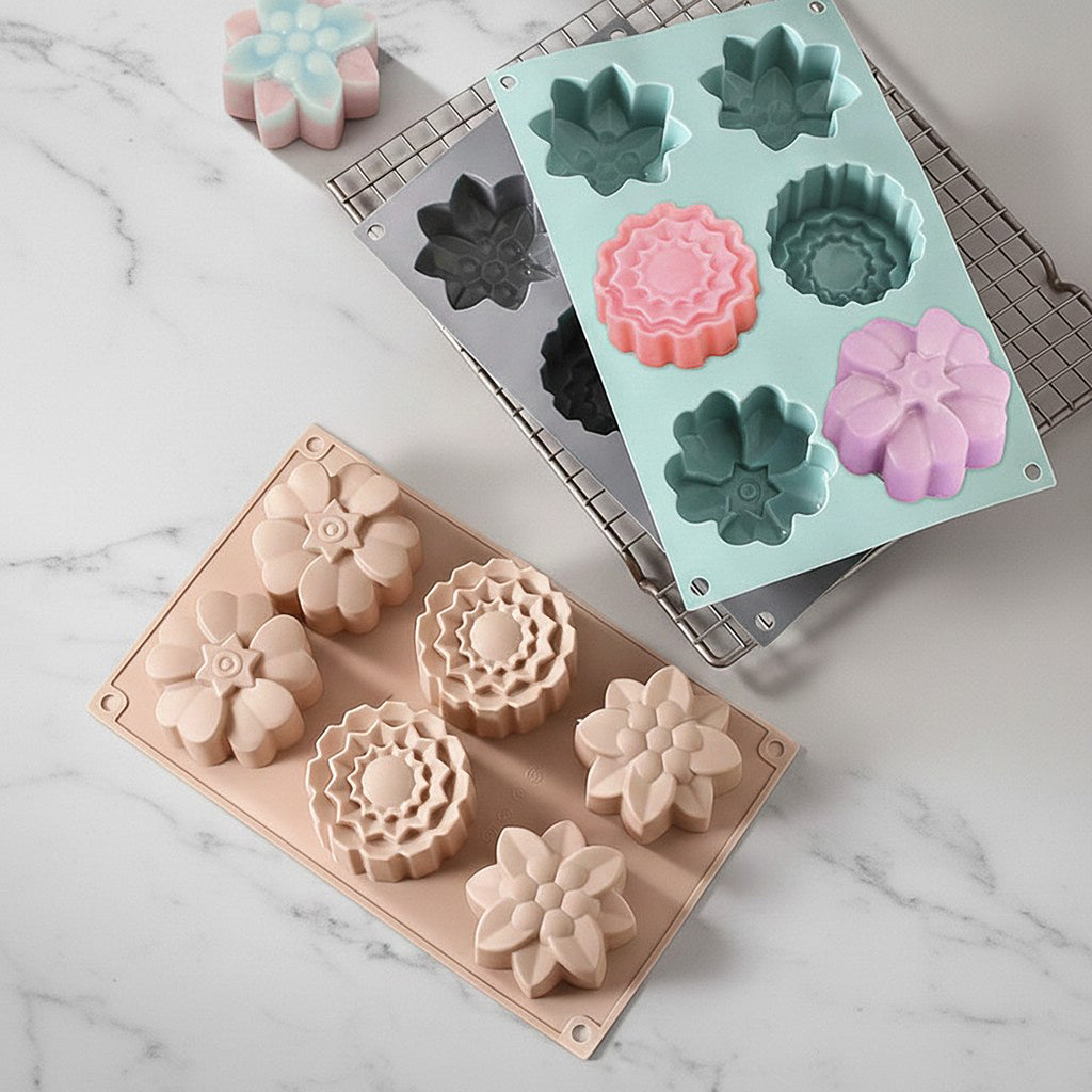 Anna-Kaci 3-Piece Silicone Flower Mold with 6 Floral Cavities Flexible Baking Tray