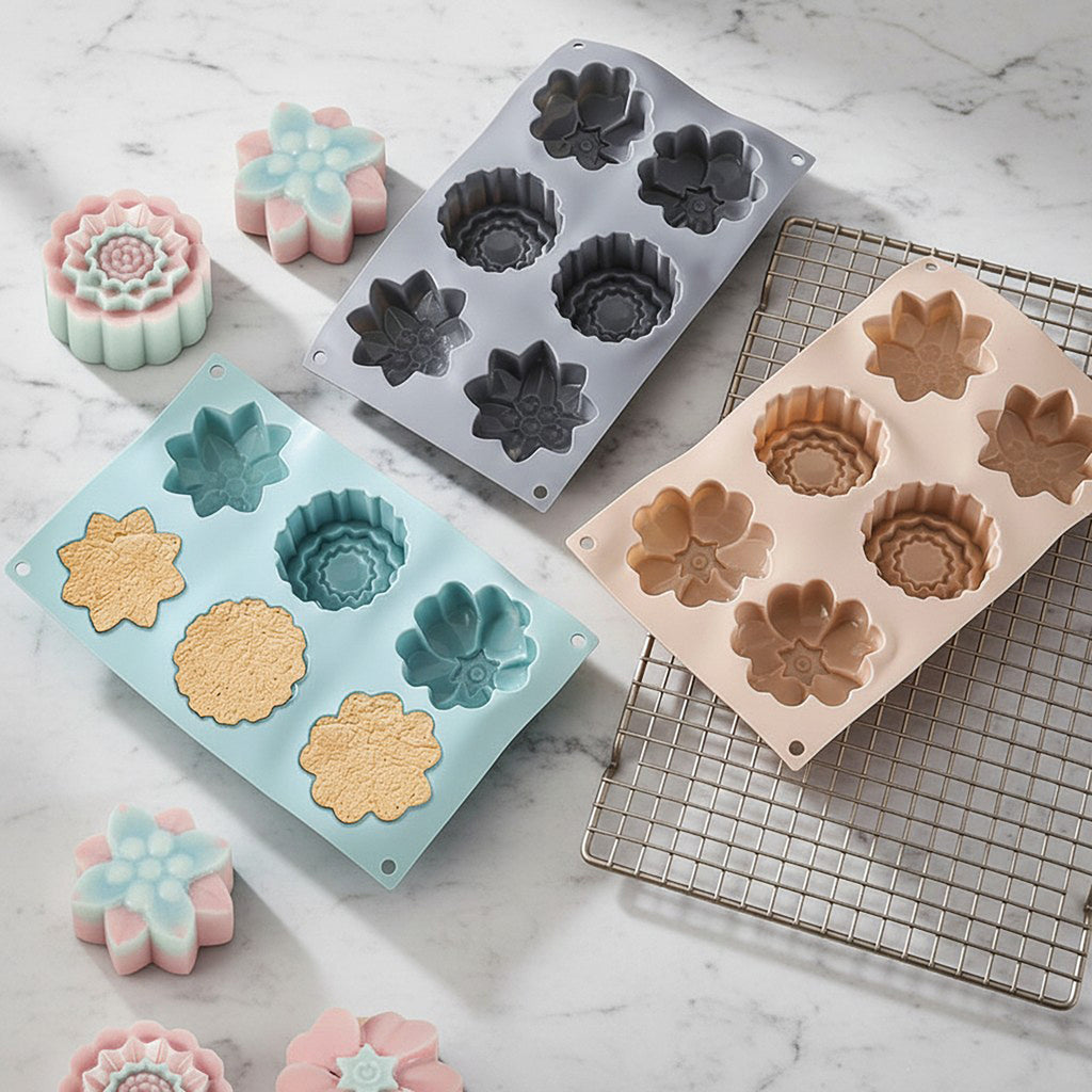 Anna-Kaci 3-Piece Silicone Flower Mold with 6 Floral Cavities Flexible Baking Tray