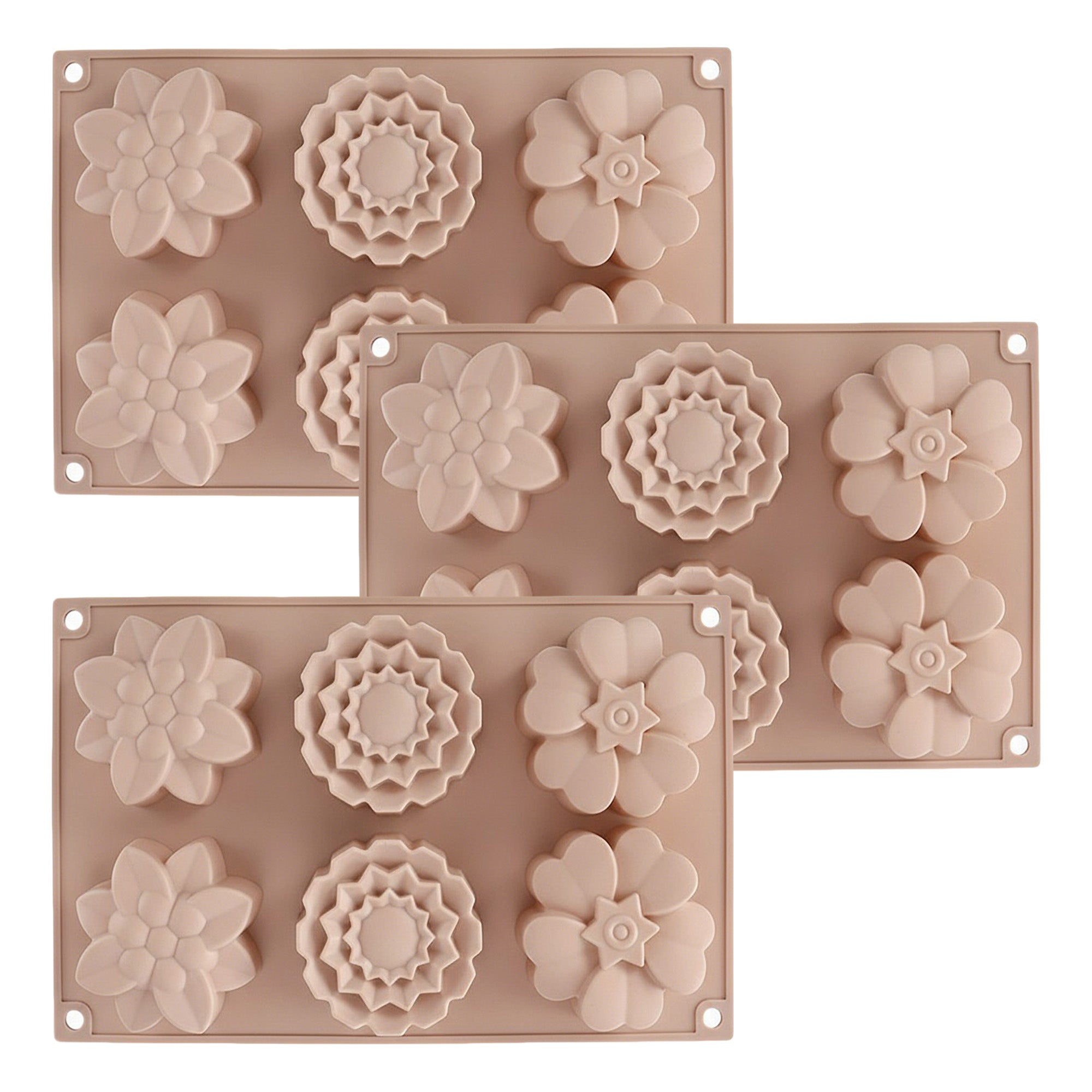 Anna-Kaci 3-Piece Silicone Flower Mold with 6 Floral Cavities Flexible Baking Tray
