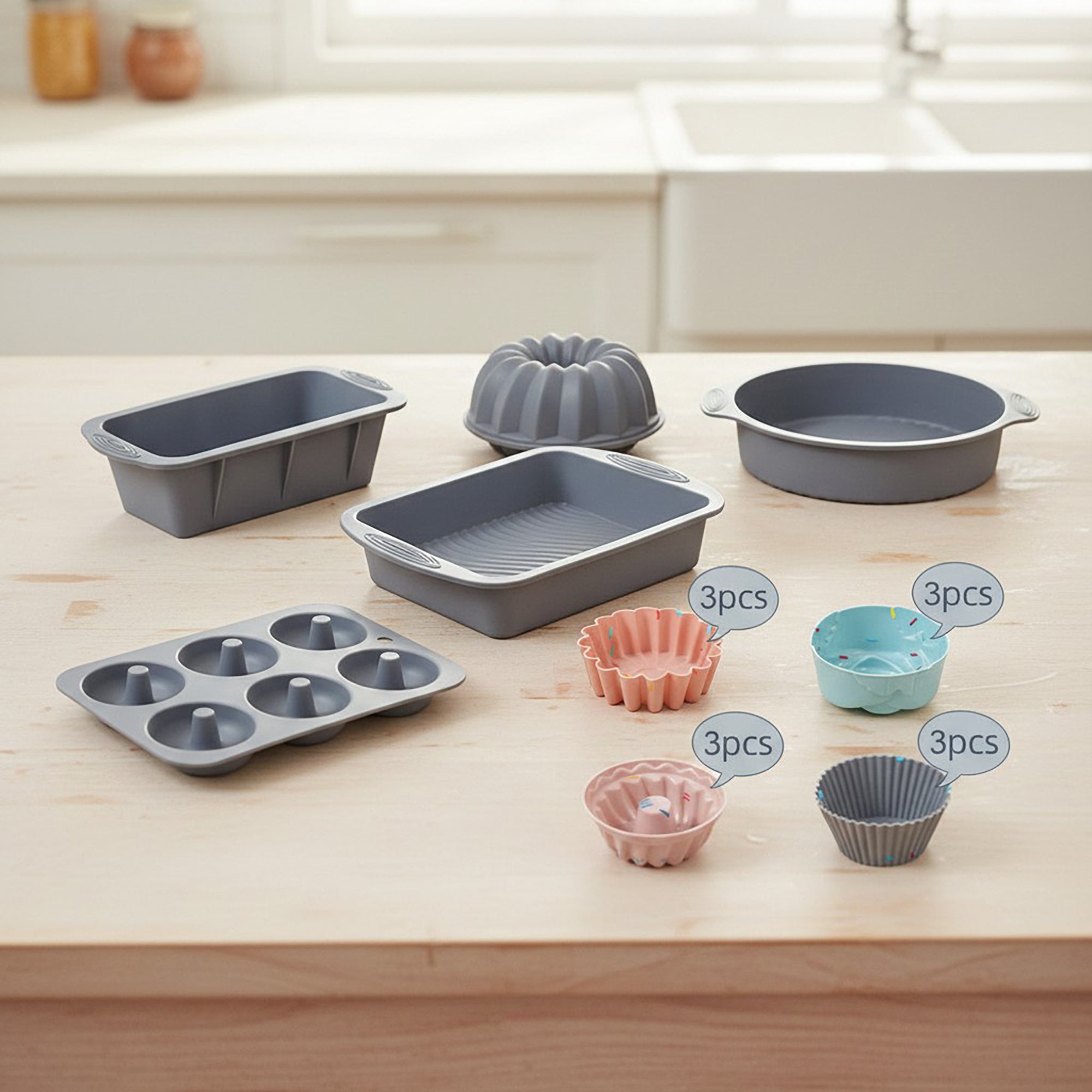 Anna-Kaci Silicone Bakeware Set with Loaf Pan Bundt Mold Round Pan and Muffin Cups