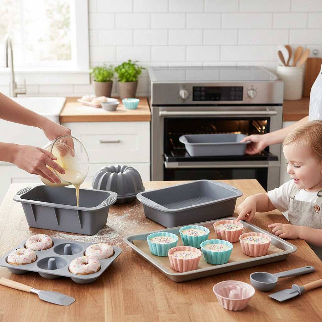 Anna-Kaci Silicone Bakeware Set with Loaf Pan Bundt Mold Round Pan and Muffin Cups