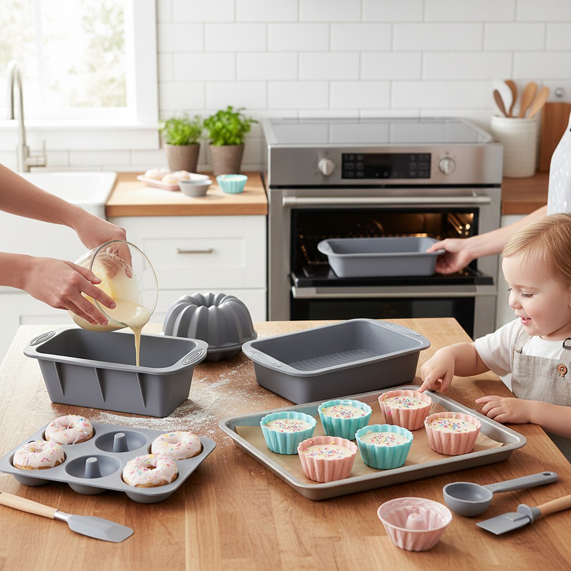 Anna-Kaci Silicone Bakeware Set with Loaf Pan Bundt Mold Round Pan and Muffin Cups