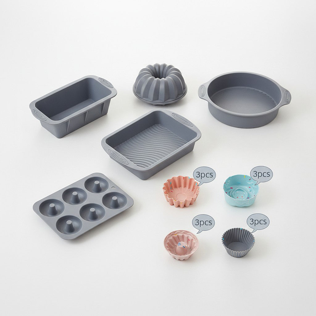 Anna-Kaci Silicone Bakeware Set with Loaf Pan Bundt Mold Round Pan and Muffin Cups