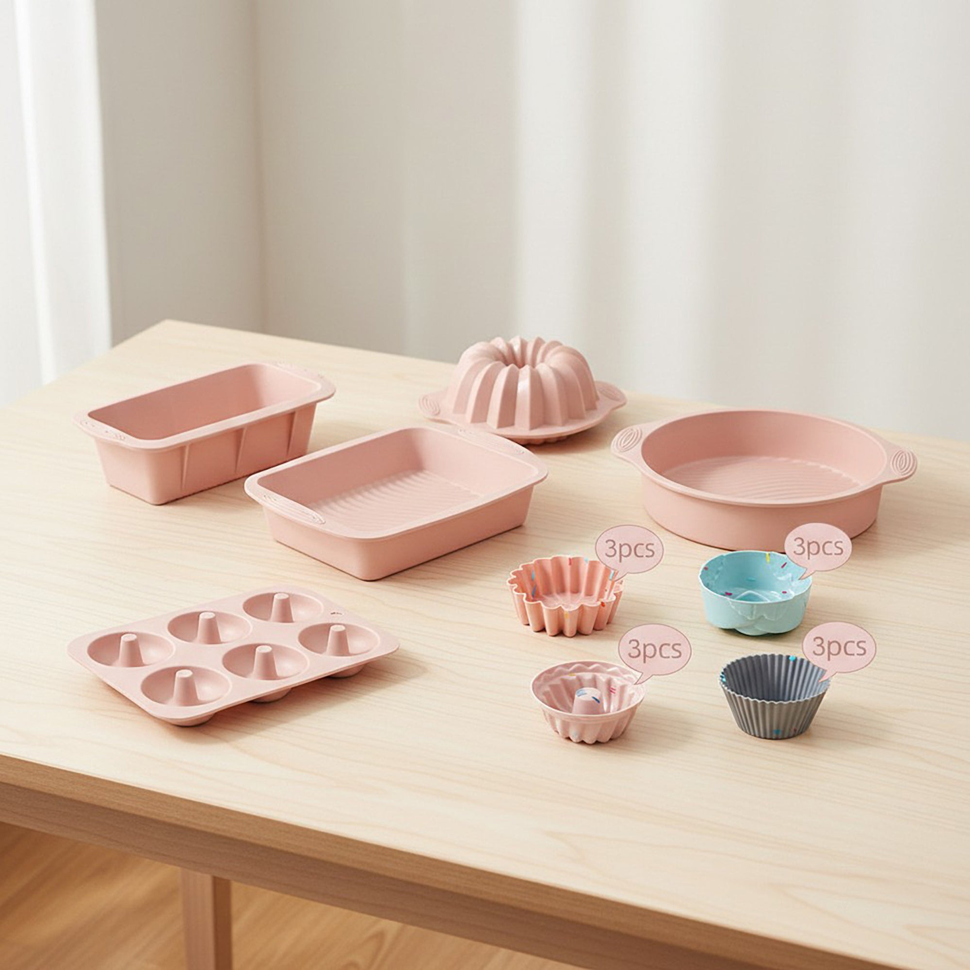 Anna-Kaci Silicone Bakeware Set with Loaf Pan Bundt Mold Round Pan and Muffin Cups
