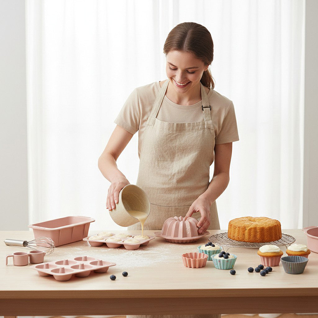 Anna-Kaci Silicone Bakeware Set with Loaf Pan Bundt Mold Round Pan and Muffin Cups