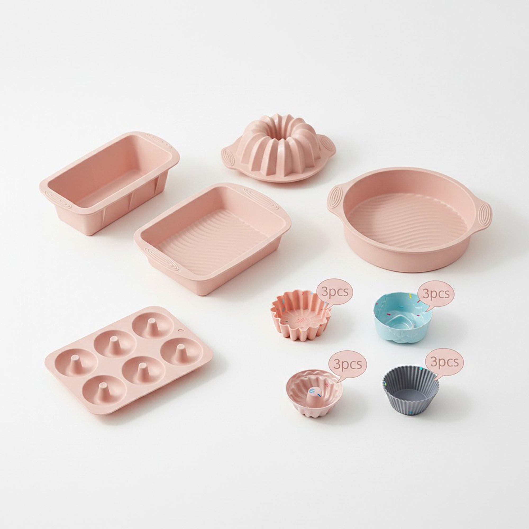 Anna-Kaci Silicone Bakeware Set with Loaf Pan Bundt Mold Round Pan and Muffin Cups