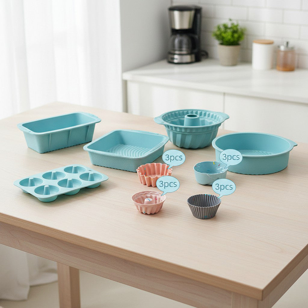 Anna-Kaci Silicone Bakeware Set with Loaf Pan Bundt Mold Round Pan and Muffin Cups