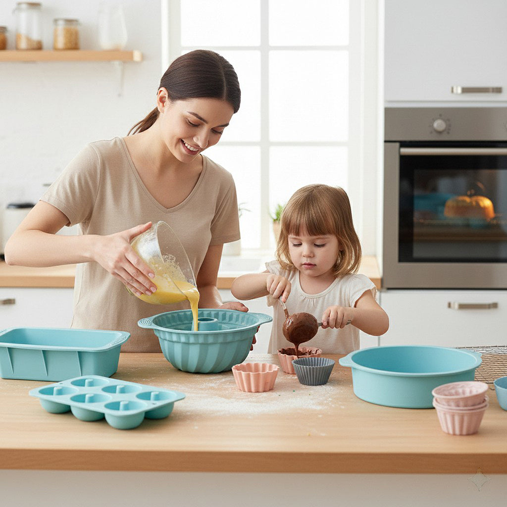 Anna-Kaci Silicone Bakeware Set with Loaf Pan Bundt Mold Round Pan and Muffin Cups