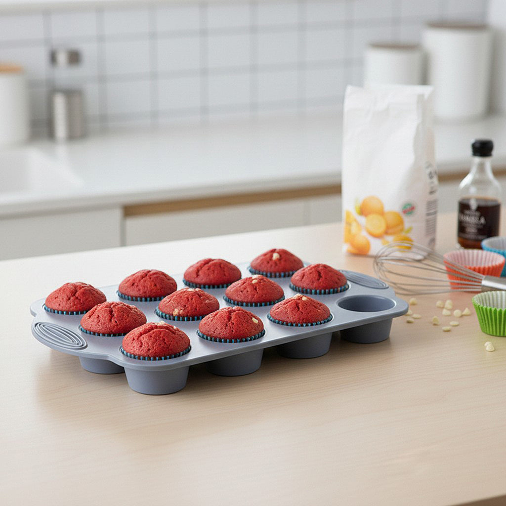 Anna-Kaci 2-Piece Silicone Muffin Pan with 12 Round Cups Flexible Nonstick Bakeware