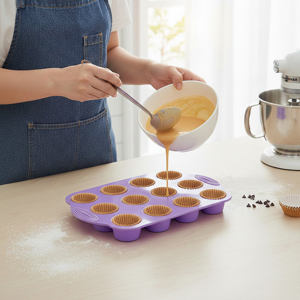 Anna-Kaci 2-Piece Silicone Muffin Pan with 12 Round Cups Flexible Nonstick Bakeware