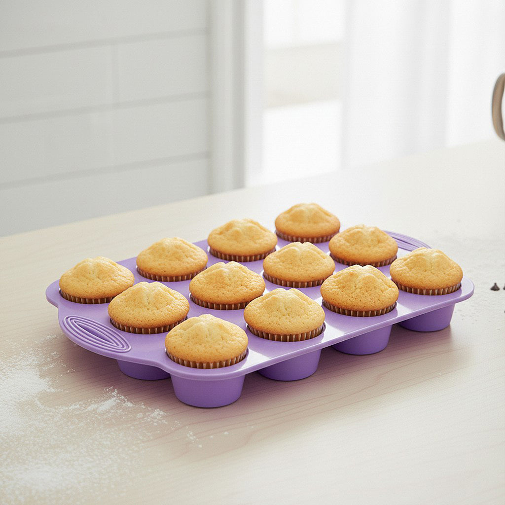 Anna-Kaci 2-Piece Silicone Muffin Pan with 12 Round Cups Flexible Nonstick Bakeware