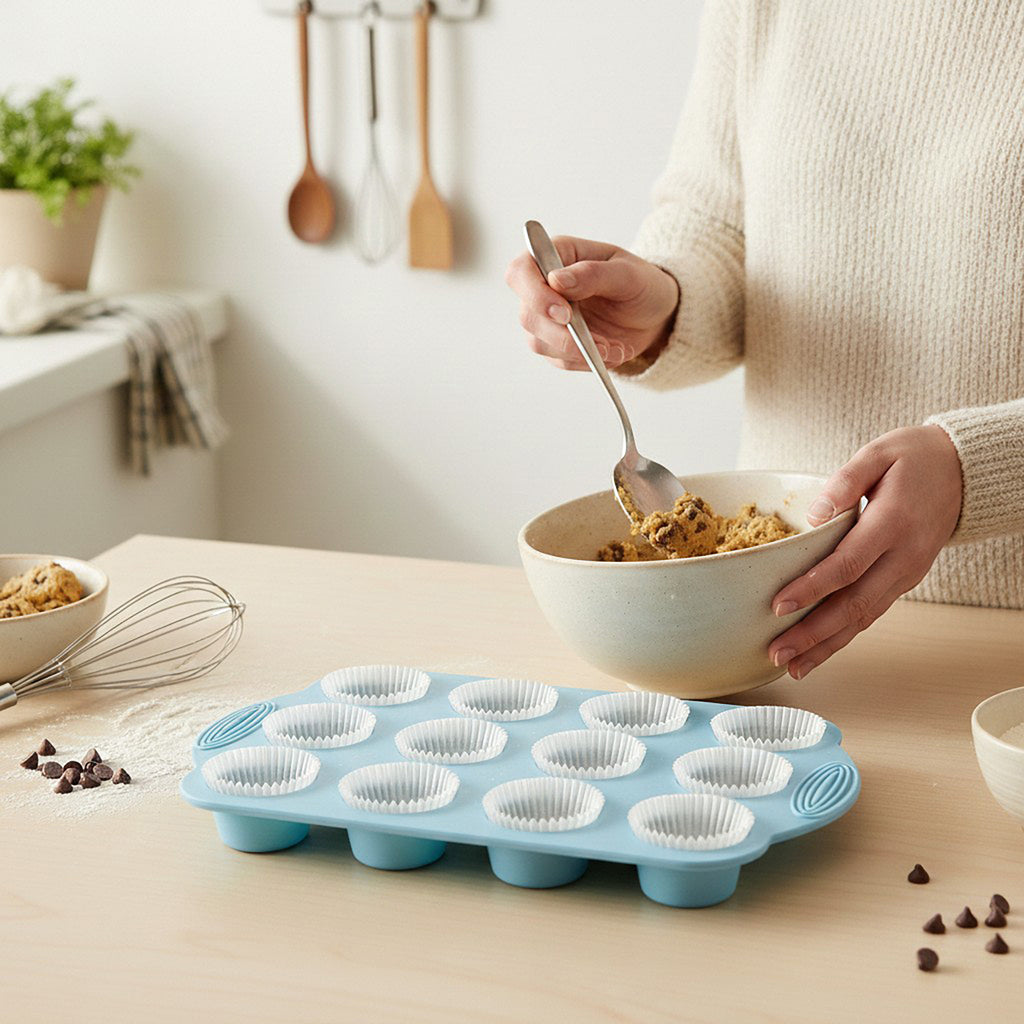 Anna-Kaci 2-Piece Silicone Muffin Pan with 12 Round Cups Flexible Nonstick Bakeware