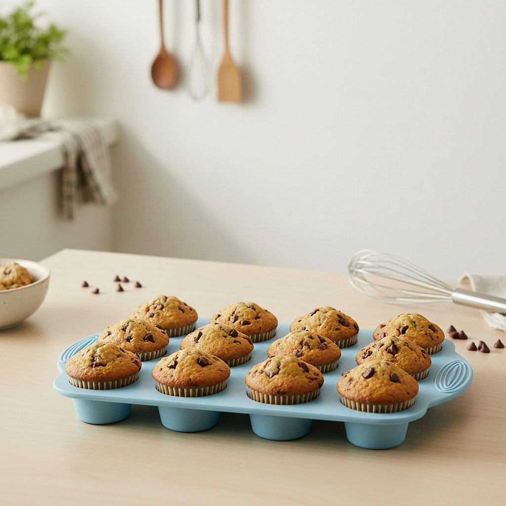 Anna-Kaci 2-Piece Silicone Muffin Pan with 12 Round Cups Flexible Nonstick Bakeware