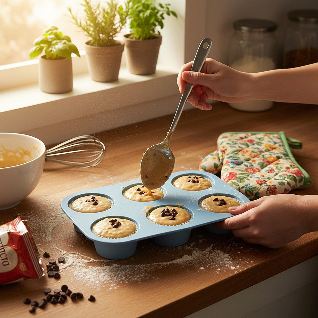 Anna-Kaci 2-Piece Silicone Muffin Pan with 6 Round Cups Flexible Nonstick Bakeware