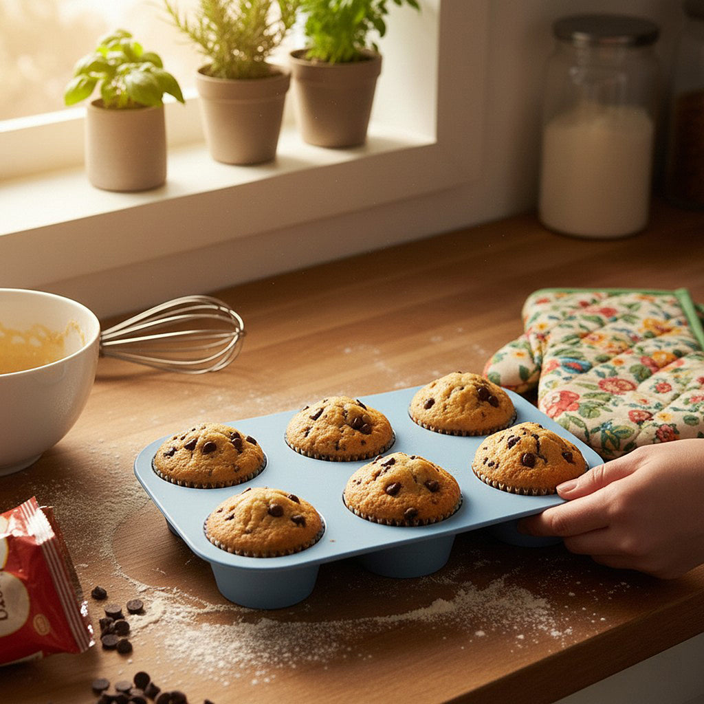 Anna-Kaci 2-Piece Silicone Muffin Pan with 6 Round Cups Flexible Nonstick Bakeware