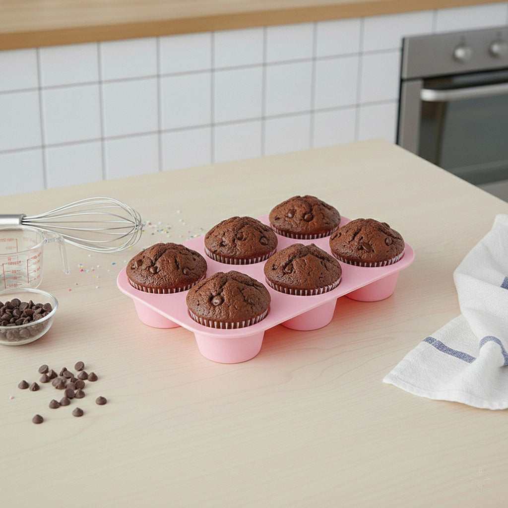Anna-Kaci 2-Piece Silicone Muffin Pan with 6 Round Cups Flexible Nonstick Bakeware