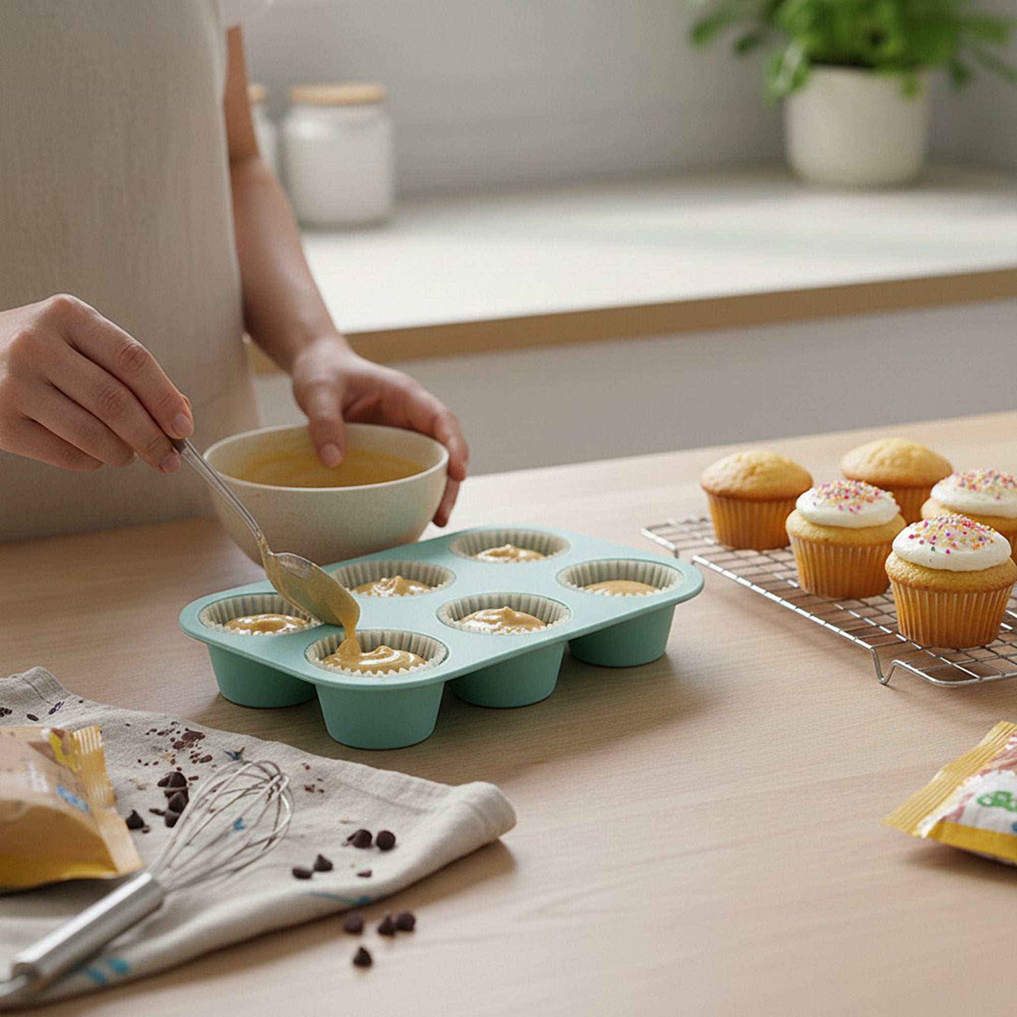 Anna-Kaci 2-Piece Silicone Muffin Pan with 6 Round Cups Flexible Nonstick Bakeware