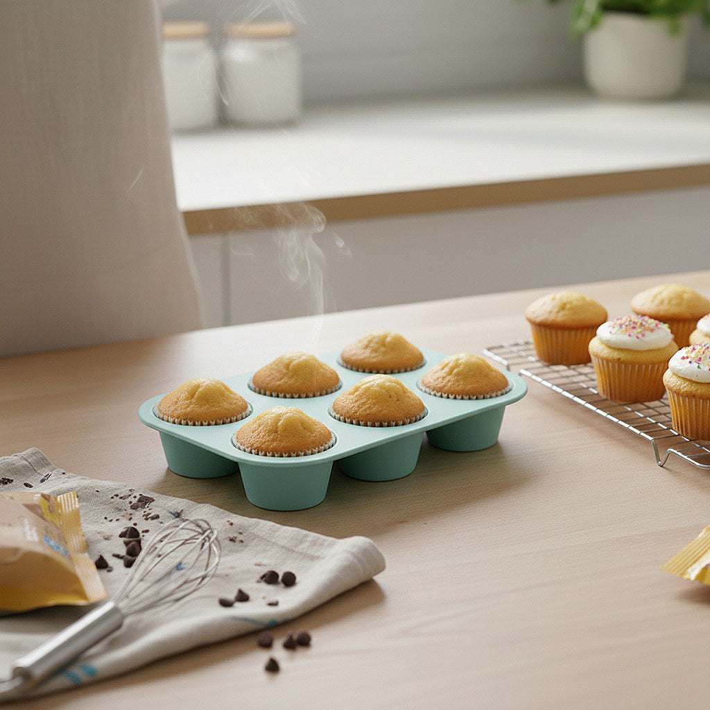 Anna-Kaci 2-Piece Silicone Muffin Pan with 6 Round Cups Flexible Nonstick Bakeware