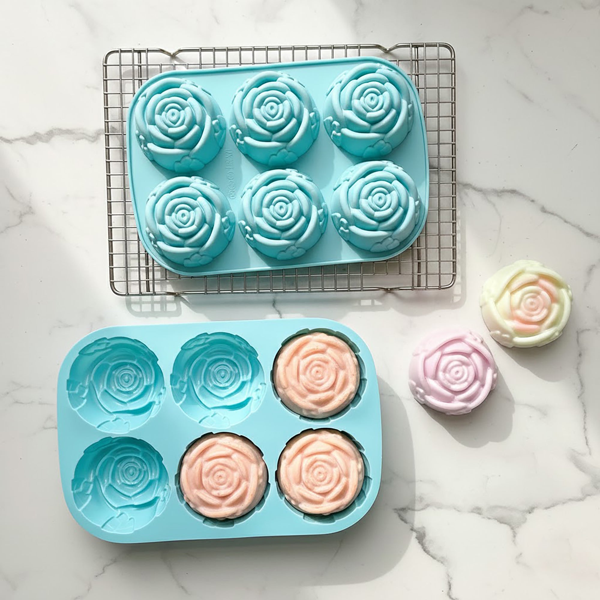 Anna-Kaci 3-Piece Rose Swirl Silicone Baking Mold Set Round Flower Cake Chocolate Candy Soap Mold