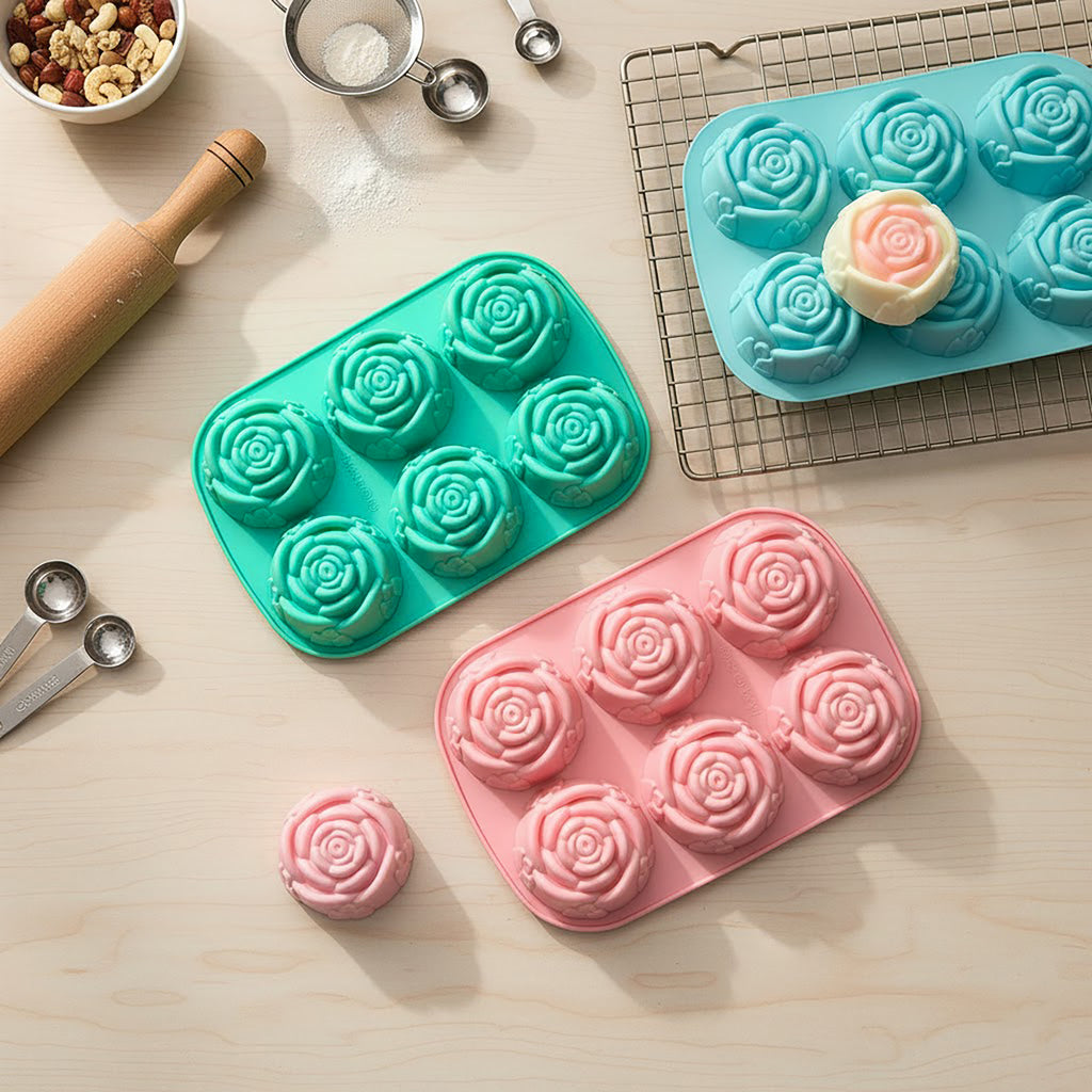 Anna-Kaci 3-Piece Rose Swirl Silicone Baking Mold Set Round Flower Cake Chocolate Candy Soap Mold