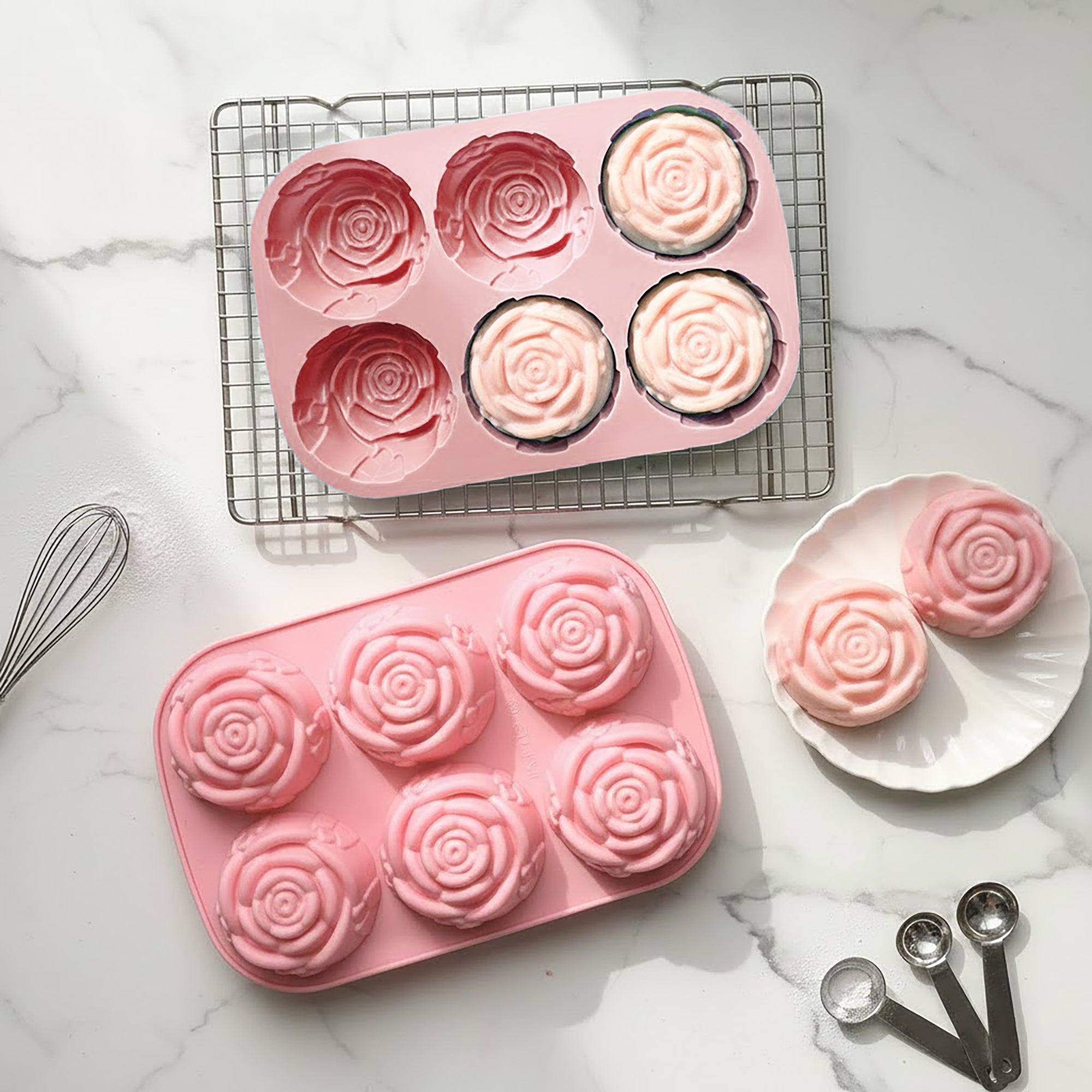 Anna-Kaci 3-Piece Rose Swirl Silicone Baking Mold Set Round Flower Cake Chocolate Candy Soap Mold