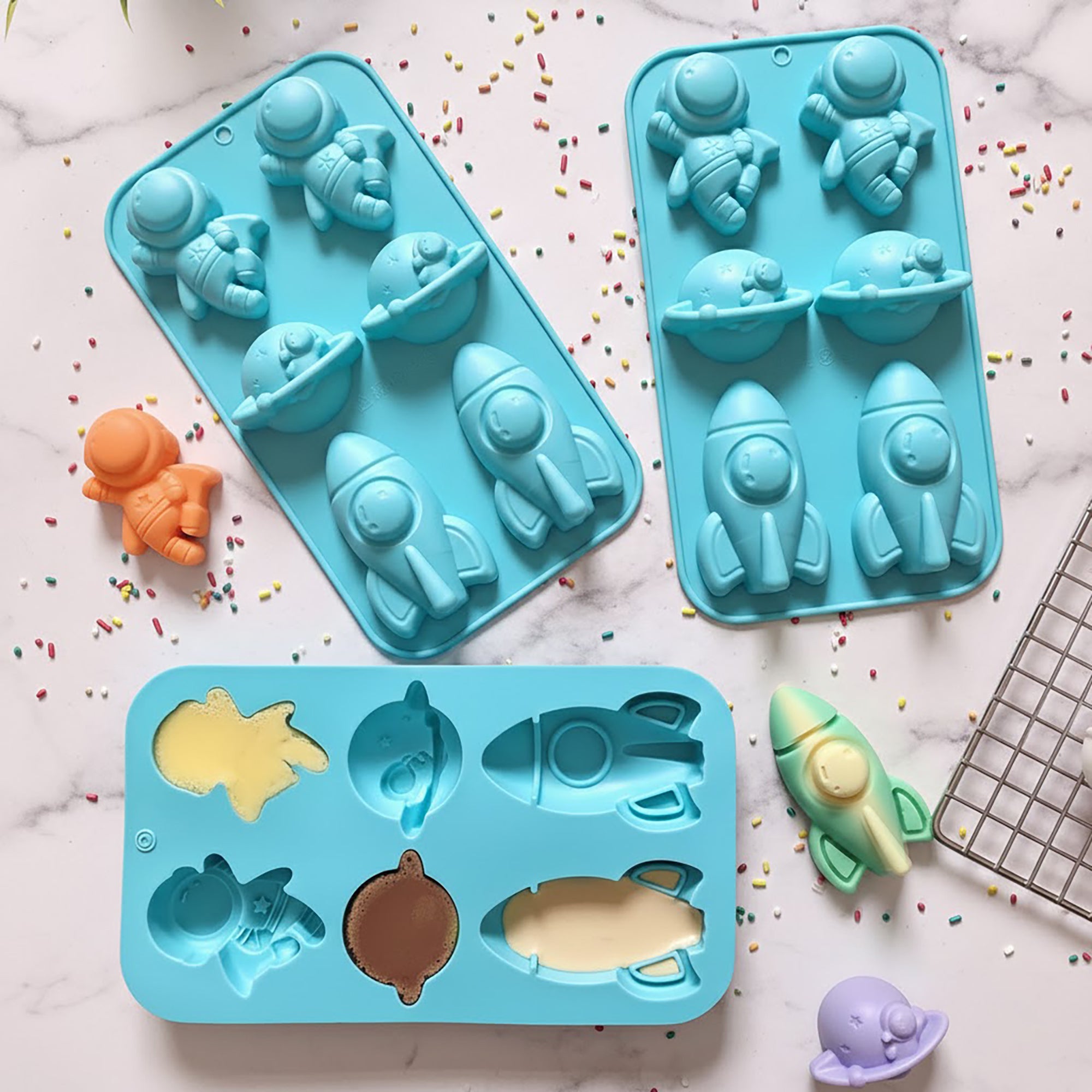 Anna-Kaci 3-Piece Space Theme Silicone Baking Mold Set Rocket Astronaut Cake Chocolate Candy Soap Mold