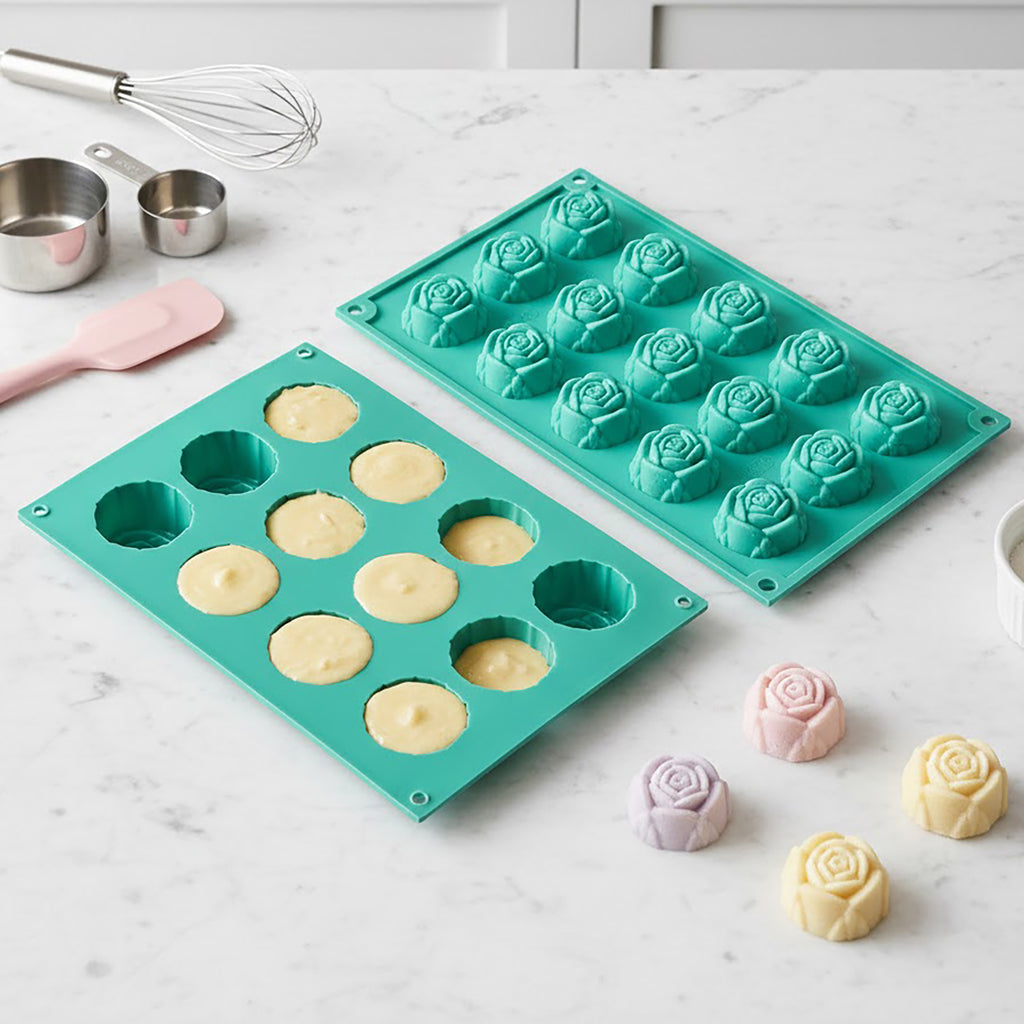 Anna-Kaci 3-Piece Rose Flower Silicone Baking Mold Set Mini Round Cake Chocolate Candy Soap Mold