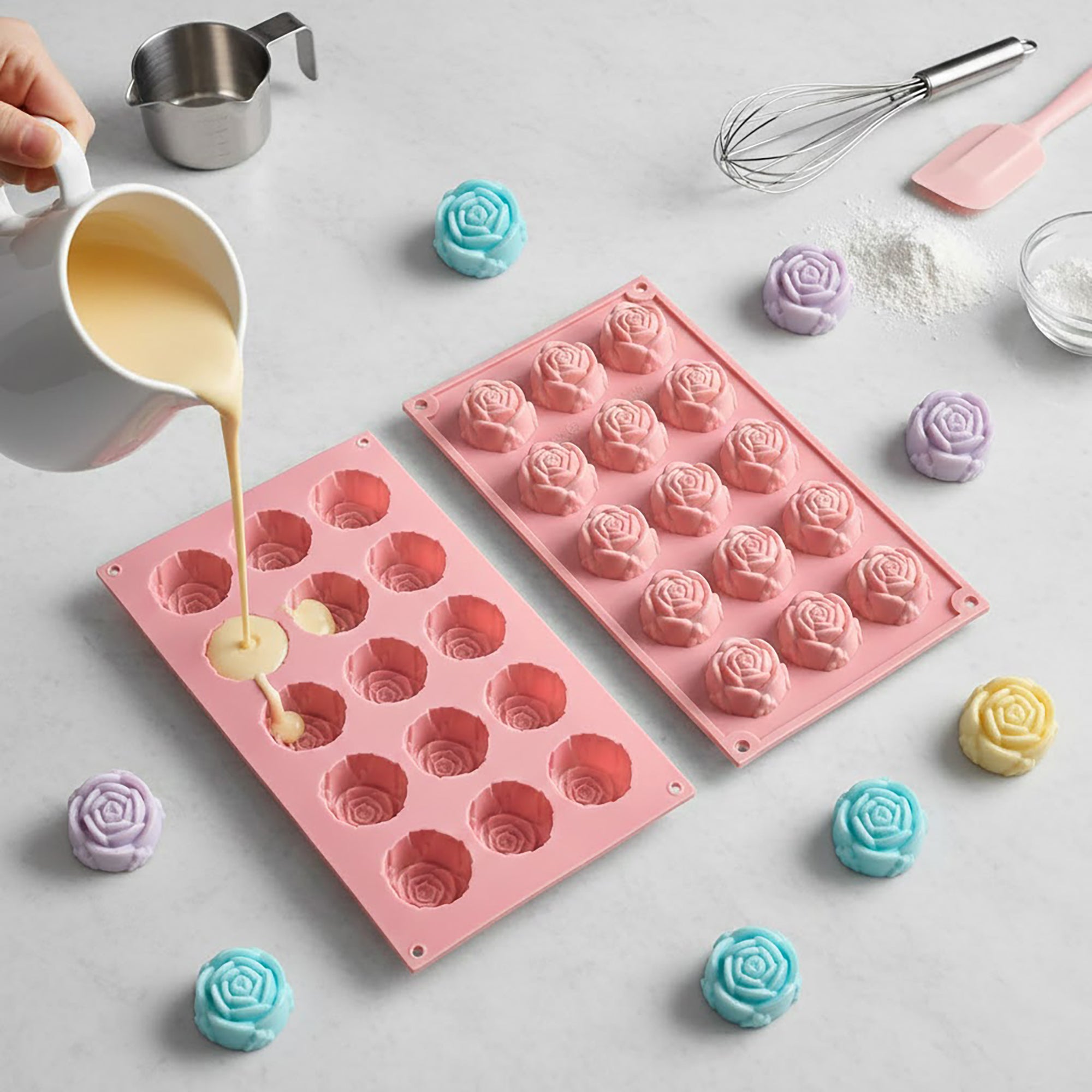 Anna-Kaci 3-Piece Rose Flower Silicone Baking Mold Set Mini Round Cake Chocolate Candy Soap Mold