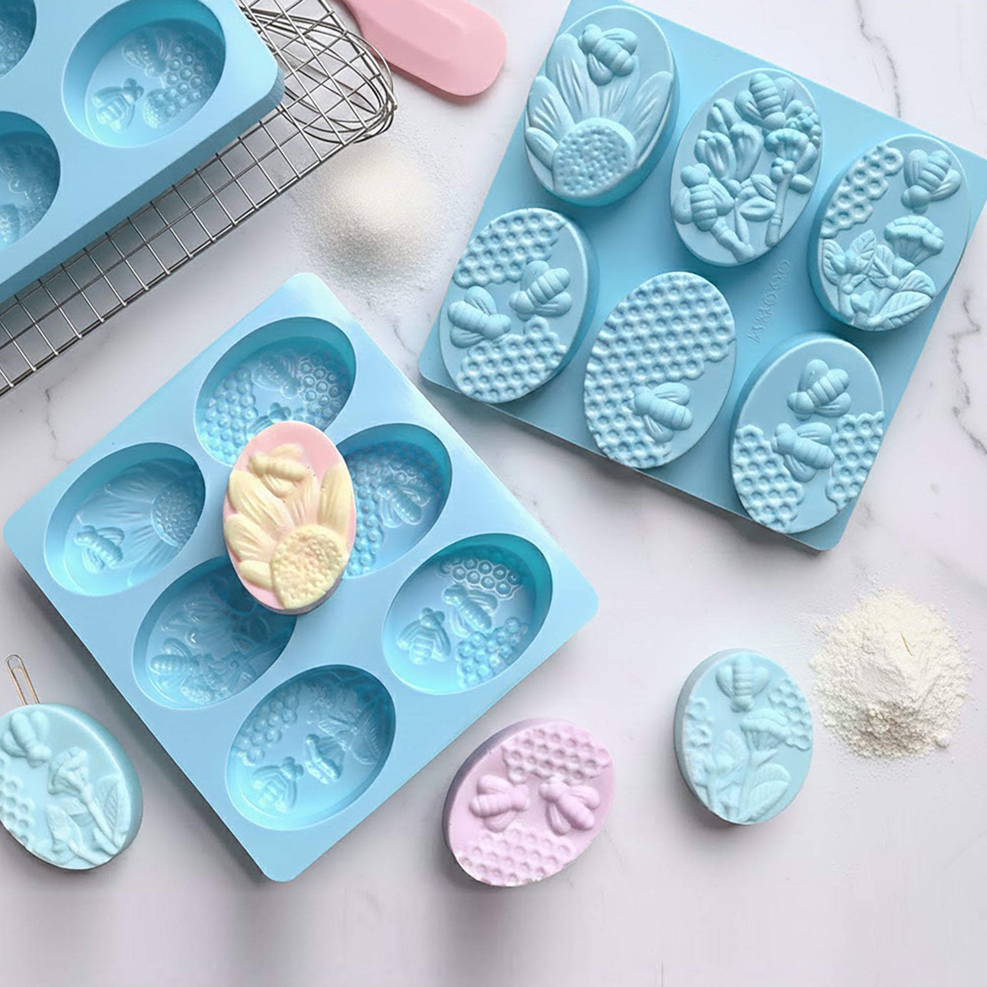 Anna-Kaci 3-Piece Bee and Honeycomb Silicone Baking Mold Set Oval Cake Chocolate Candy Soap Mold