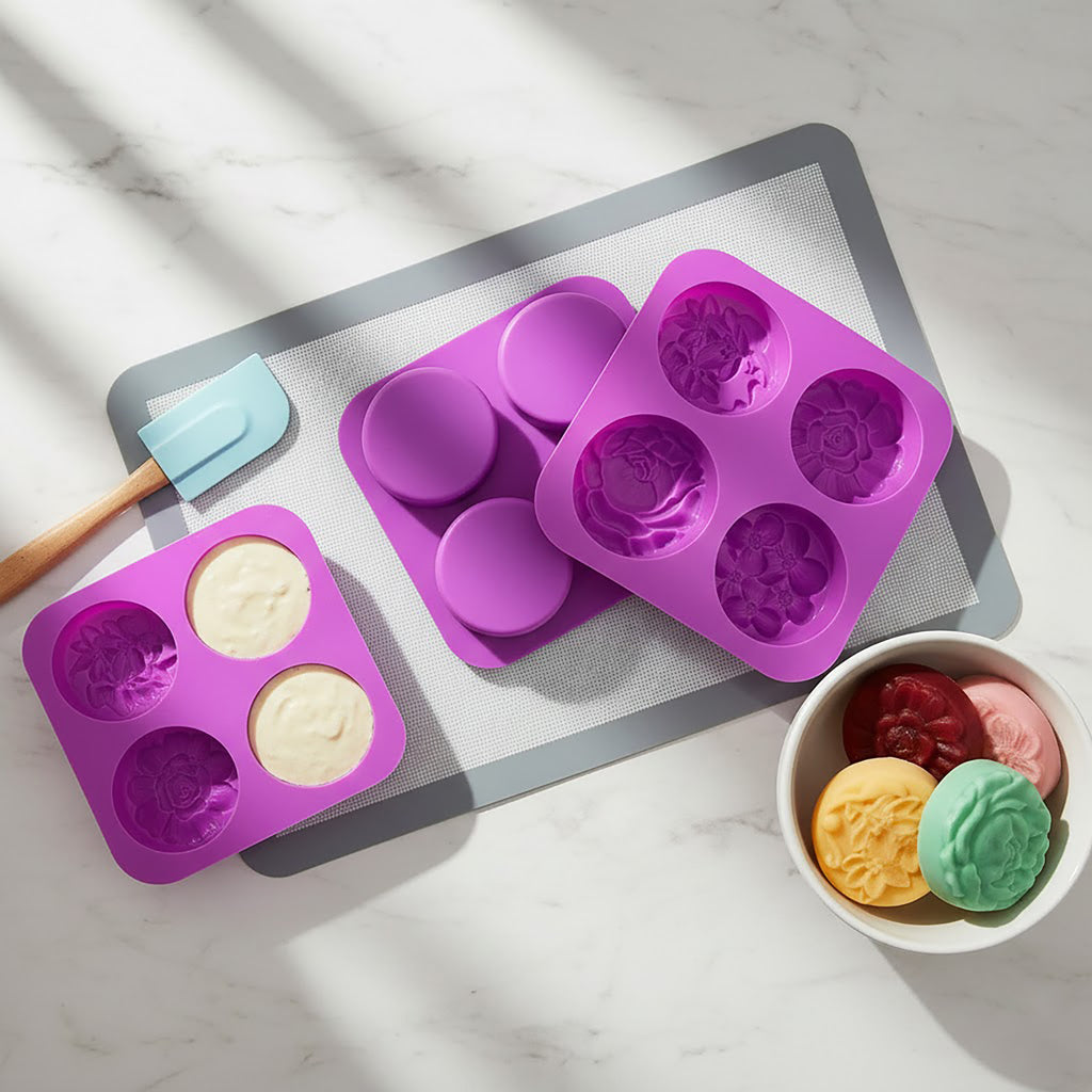 Anna-Kaci 3-Piece Floral Silicone Baking Mold Set Round Flower Cake Soap Candy Chocolate Mold