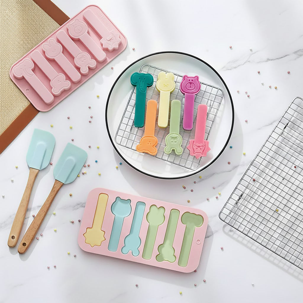 Anna-Kaci 2-Piece Animal Popsicle Silicone Baking Mold Set Nonstick Flexible Ice Pop Dessert Mold