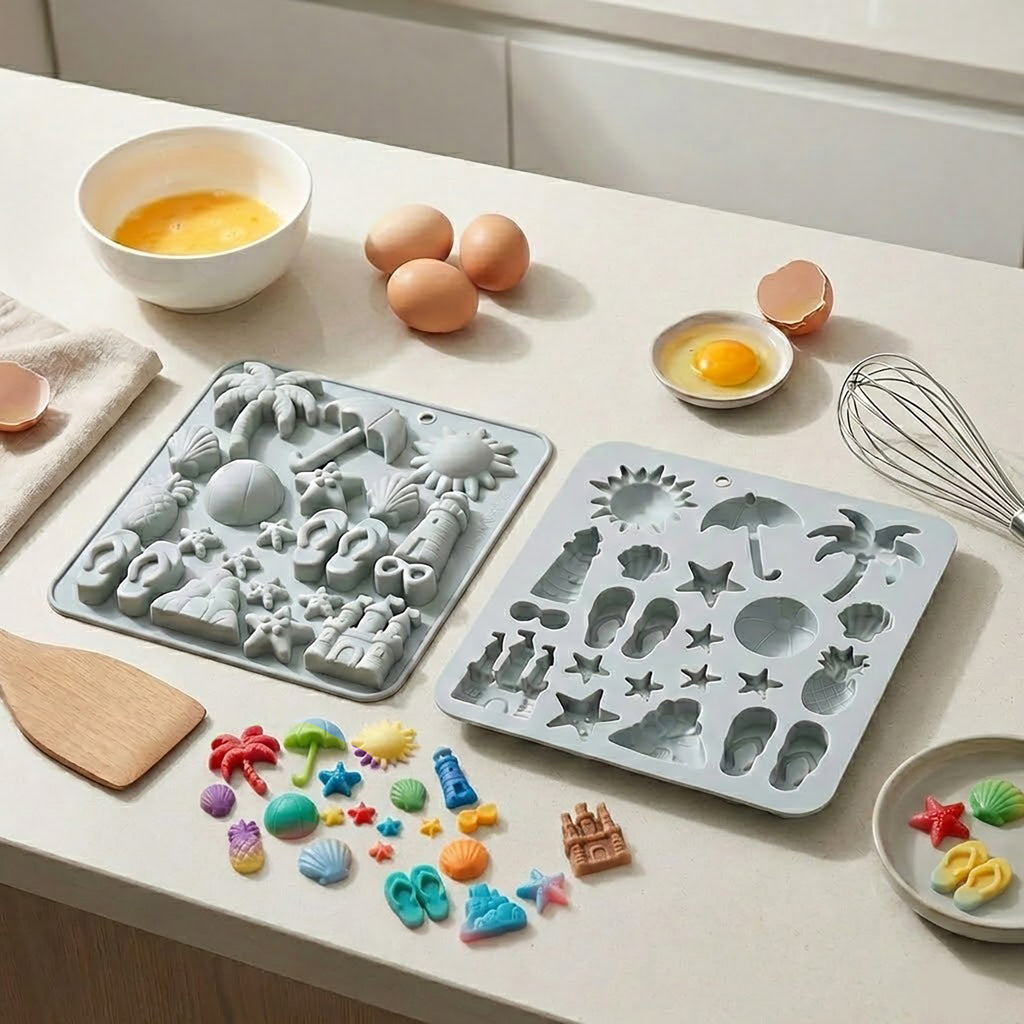 Anna-Kaci 2-Piece Beach Silicone Baking Mold Set Nonstick Summer Shape Chocolate Candy Dessert Mold