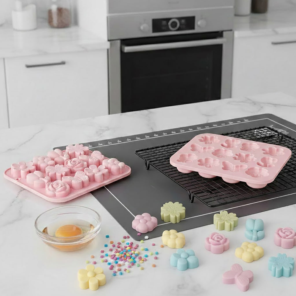 Anna-Kaci 2-Piece Silicone Flower and Butterfly Baking Mold Set Nonstick Flexible Candy Chocolate Mold