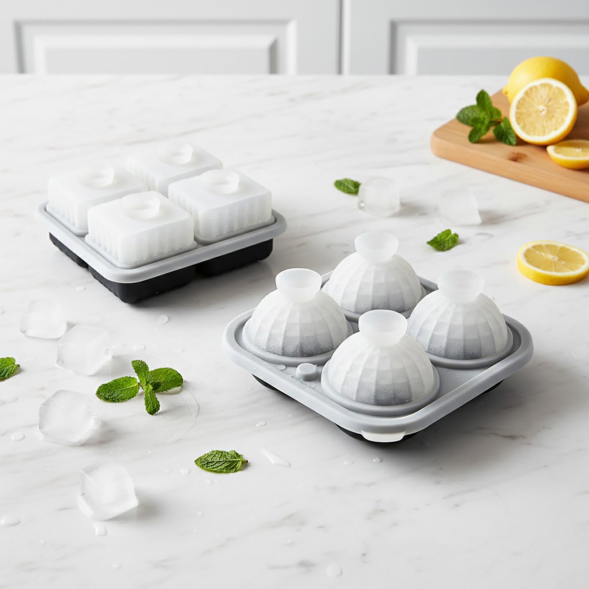 Anna-Kaci 2-Piece Ice Cube Tray Set Round and Square Large Mold with Easy Release Flexible Silicone Design