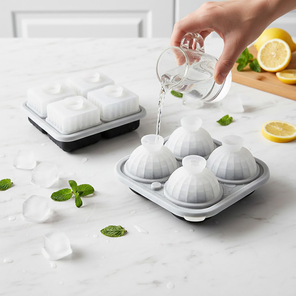 Anna-Kaci 2-Piece Ice Cube Tray Set Round and Square Large Mold with Easy Release Flexible Silicone Design