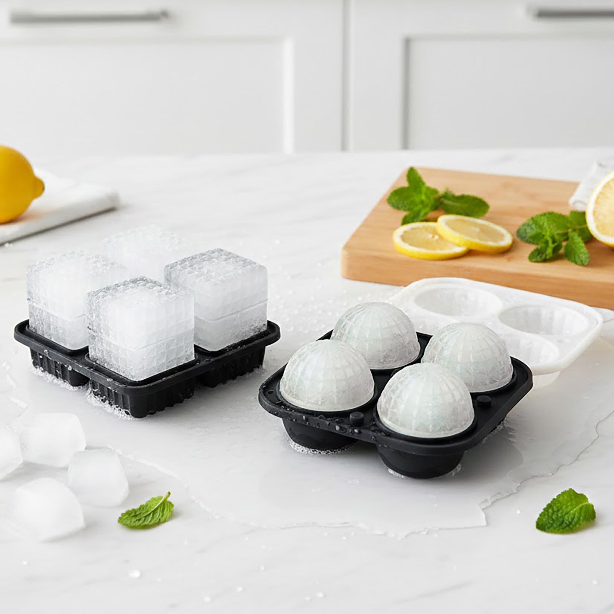 Anna-Kaci 2-Piece Ice Cube Tray Set Round and Square Large Mold with Easy Release Flexible Silicone Design