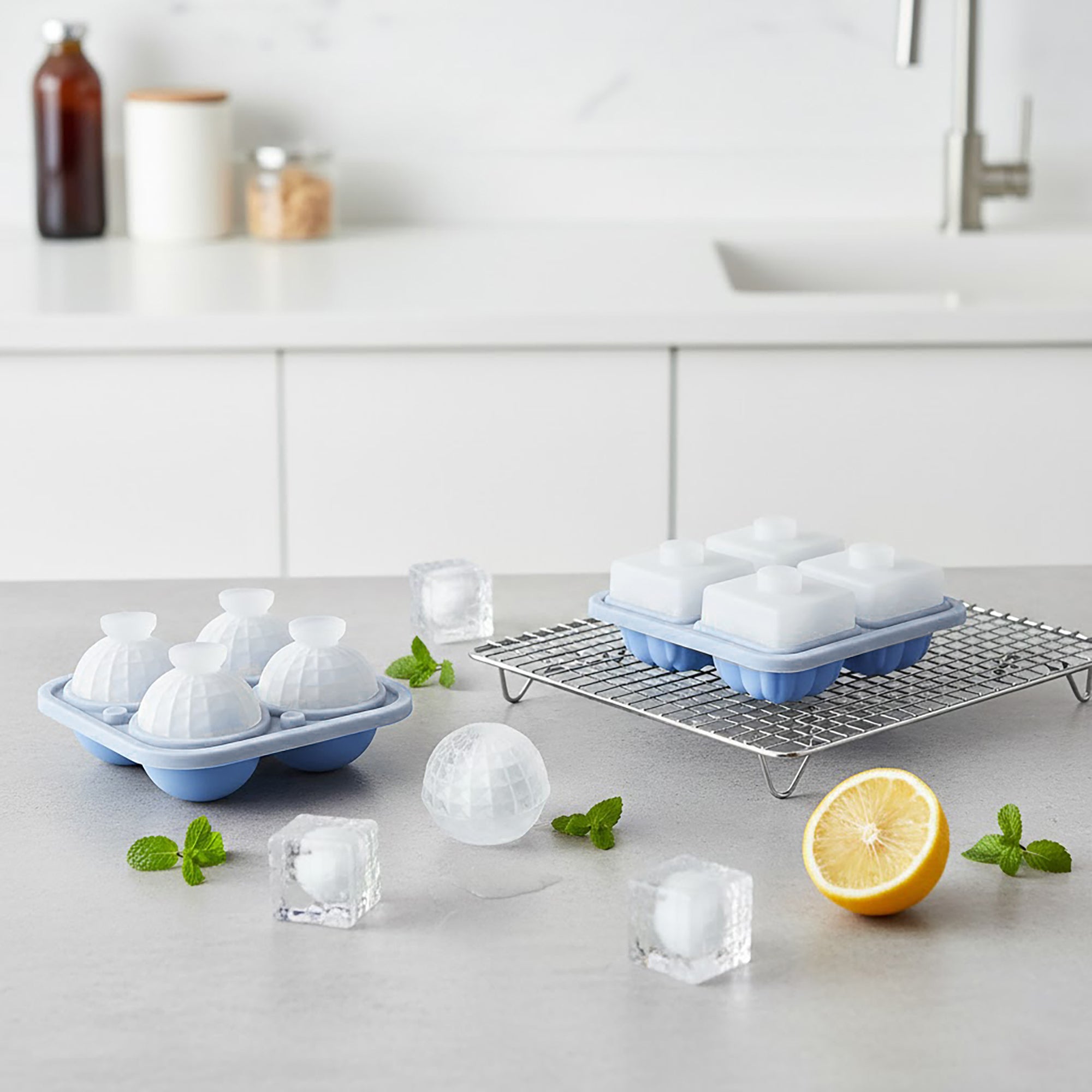 Anna-Kaci 2-Piece Ice Cube Tray Set Round and Square Large Mold with Easy Release Flexible Silicone Design