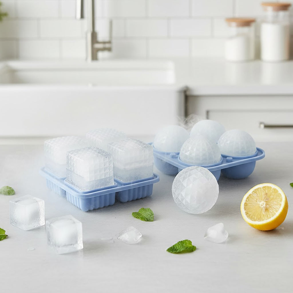 Anna-Kaci 2-Piece Ice Cube Tray Set Round and Square Large Mold with Easy Release Flexible Silicone Design